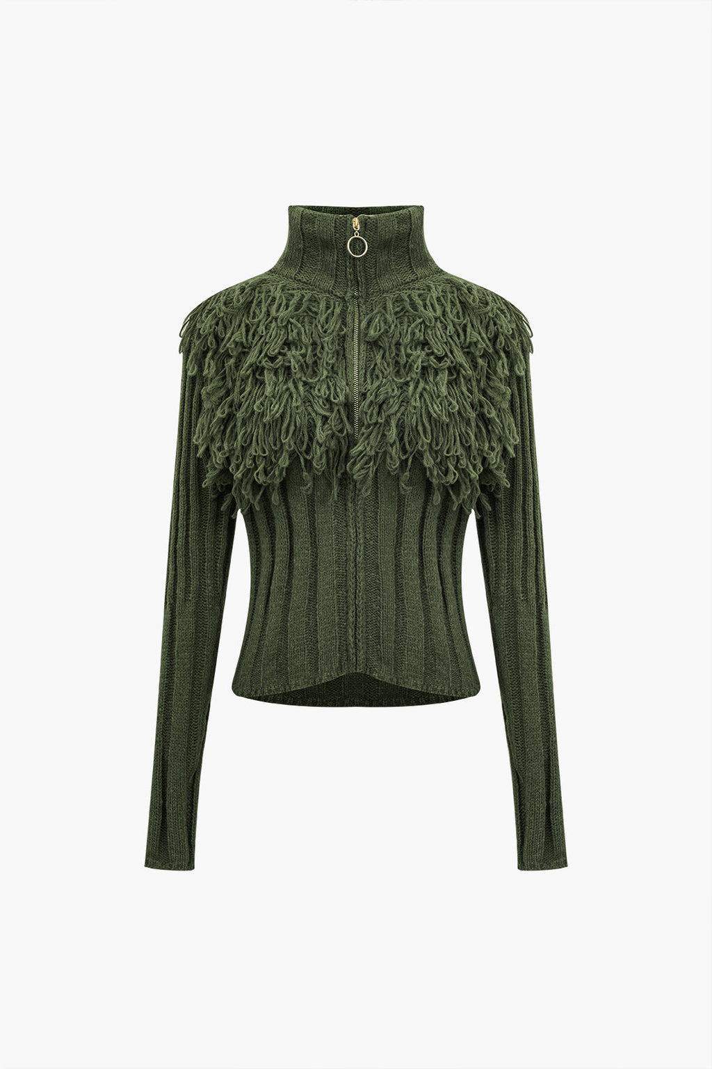 Sweater Fringe Zipper Long-sleeve Top