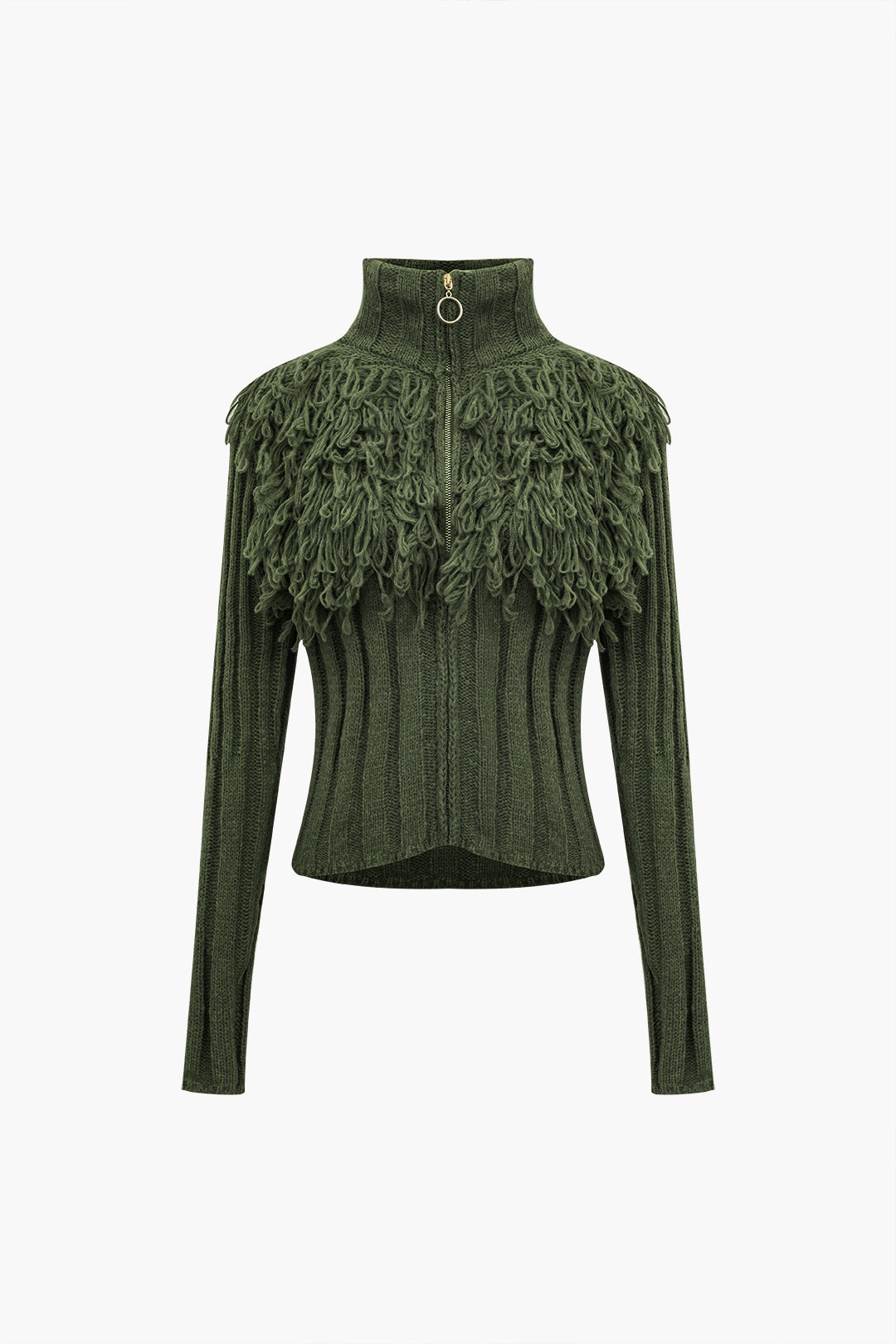 Sweater Fringe Zipper Long-sleeve Top