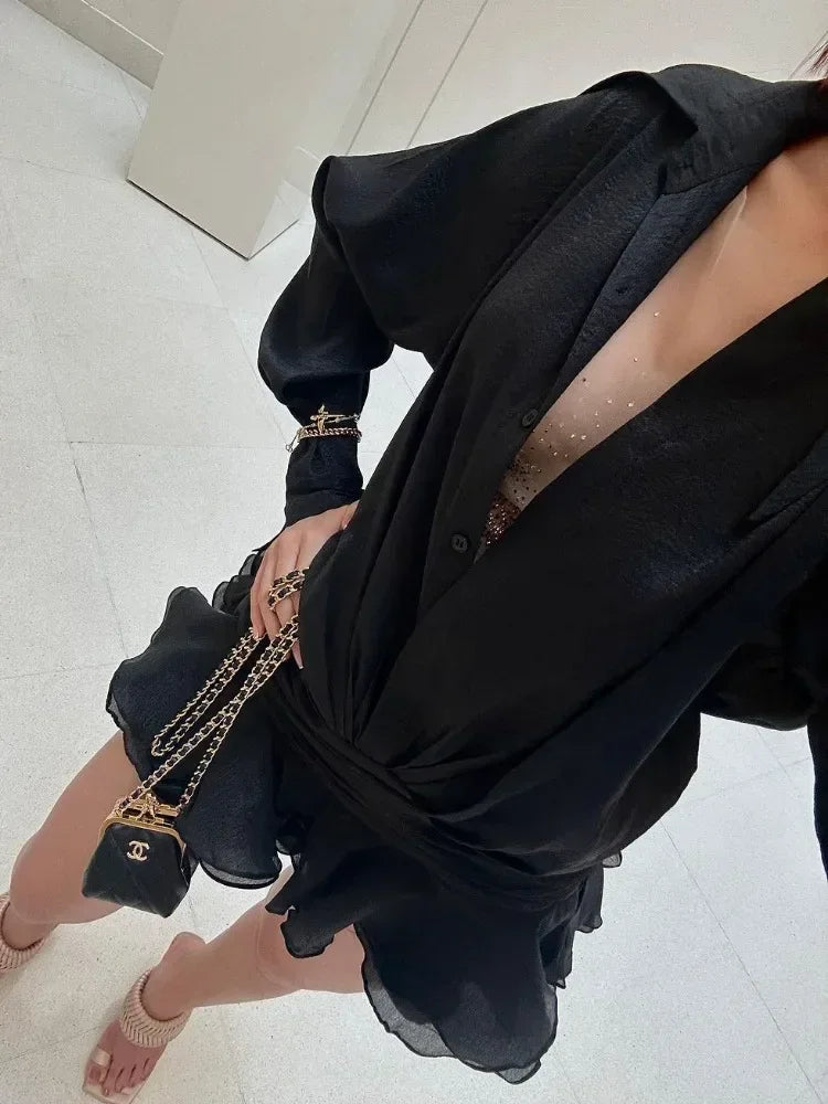White Chiffon Mini Dress for Loose Oversized Pleated Mini Dress See-through Summer Beach Shirt Dress