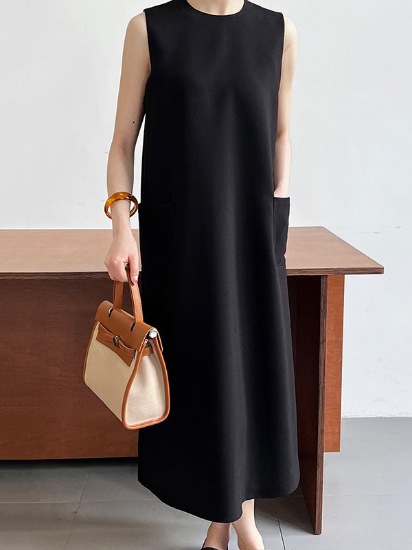 Loose Sleeveless Color Round-neck Midi Dresses