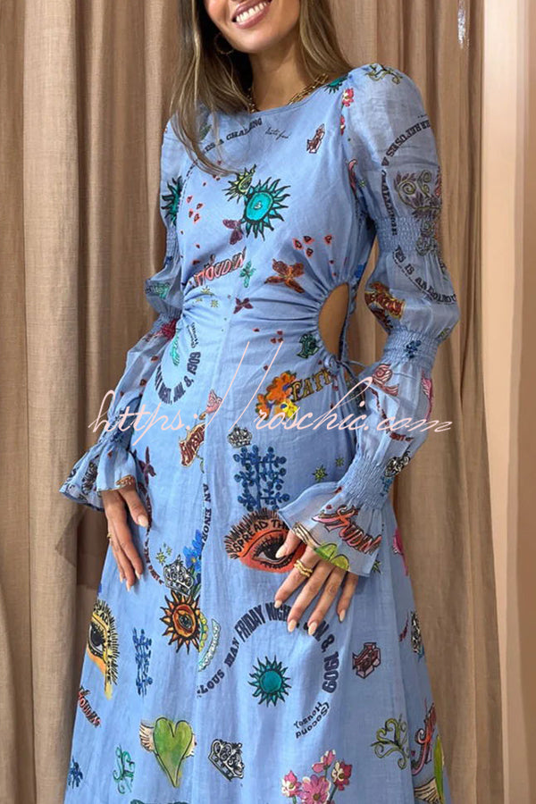 Special Holiday Linen Blend Unique Print Cut Out Puff Sleeve Lightweight Midi Dress