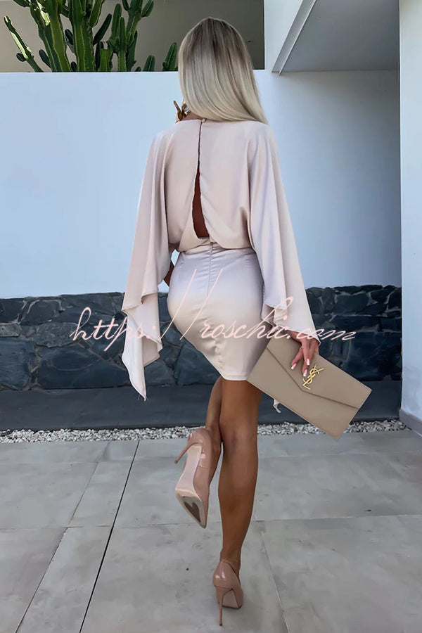 Wings Satin Butterfly Sleeves Elastic Waist Formal Mini Dress