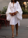 Statement Puff Sleeves Loose Pleated Split-side Color Lapel Collar Midi Dresses