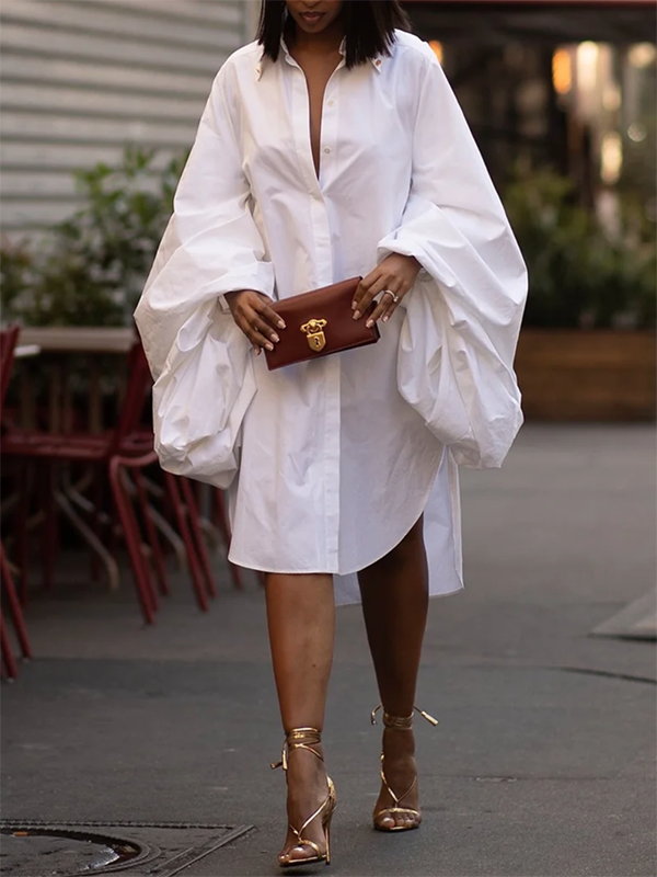 Statement Puff Sleeves Loose Pleated Split-side Color Lapel Collar Midi Dresses