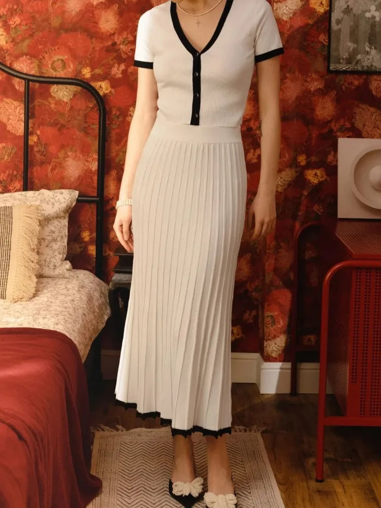 White Knit Sweater 2 Piece-set Maxi Skirt for Ribbed Short Sleeve Cardigan Top and Long Skirt Sets Knitwear Outfits