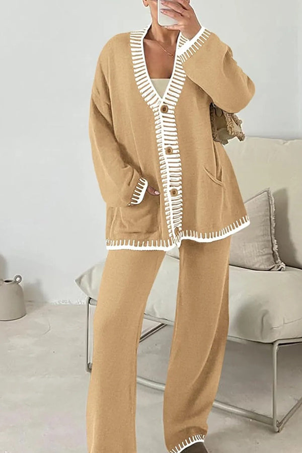 Knitted Long Sleeve Pocket Cardigan and Elastic Waist Loose Wide Leg Pants Set