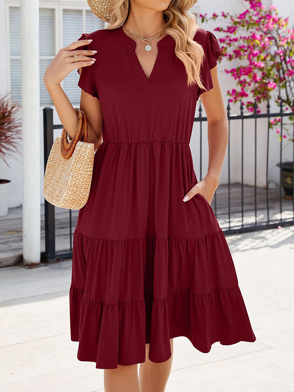 Loose Ruffle Sleeves Pleated Pockets Color Split-joint V-neck Midi Dresses