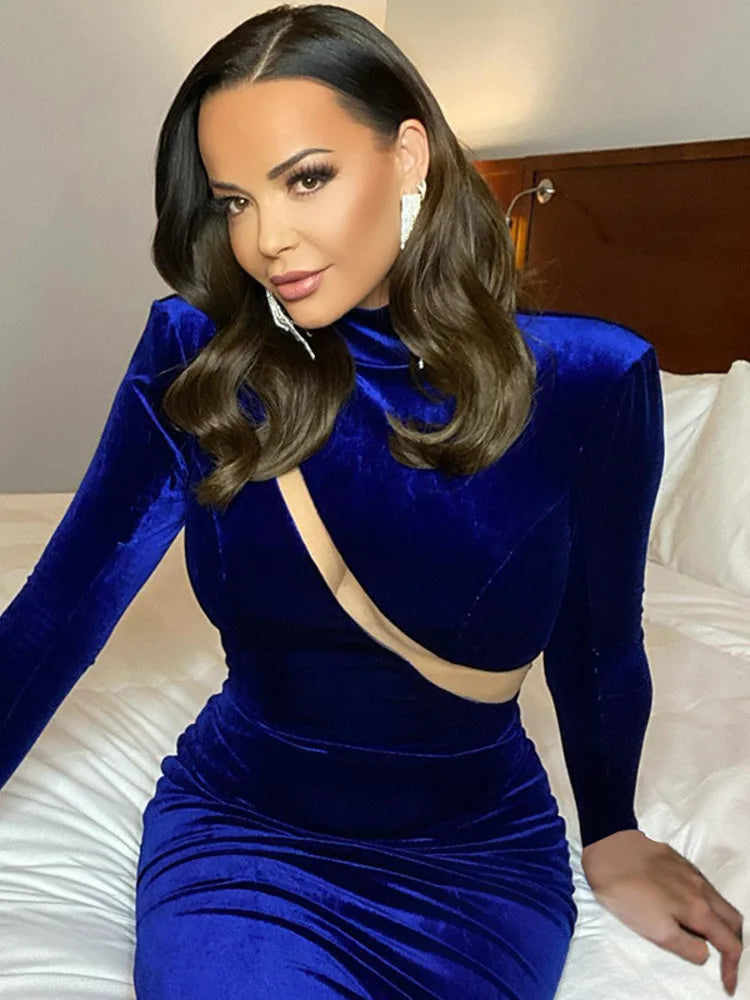 Mesh Patchwork Bodycon Maxi Dress for Blue Autumn Winter New Turtleneck Long Sleeve Split Dress Clothes