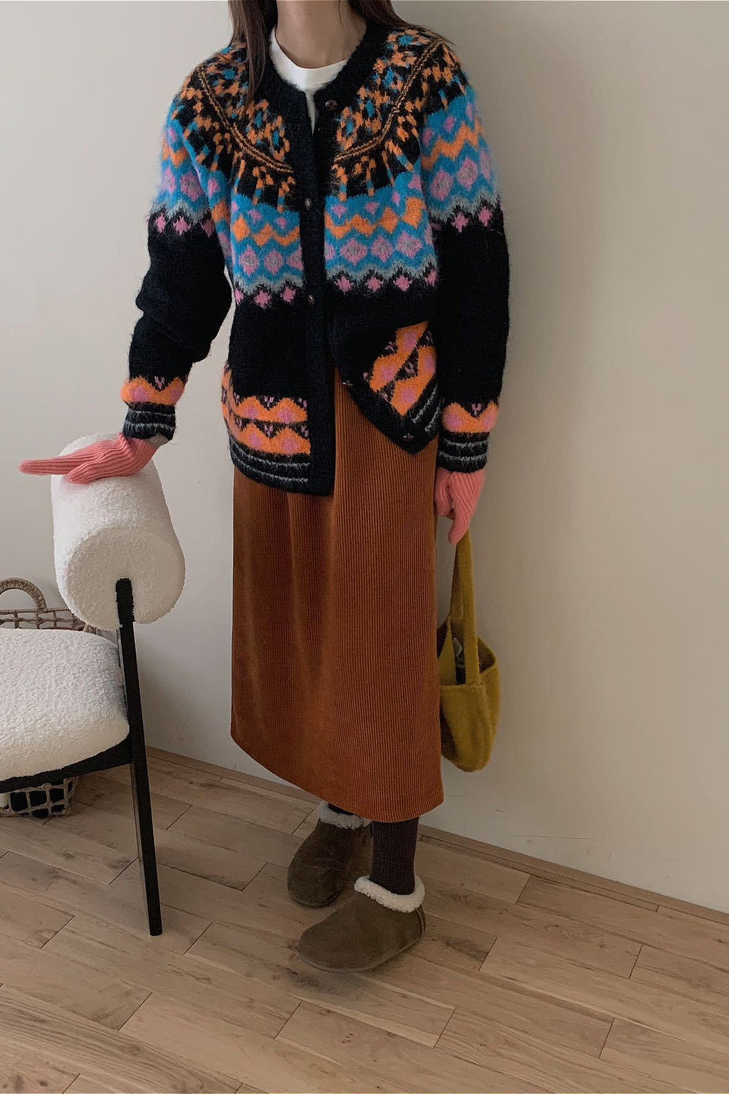 Fair Isle Jacquard Colorblock Knit Cardigan
