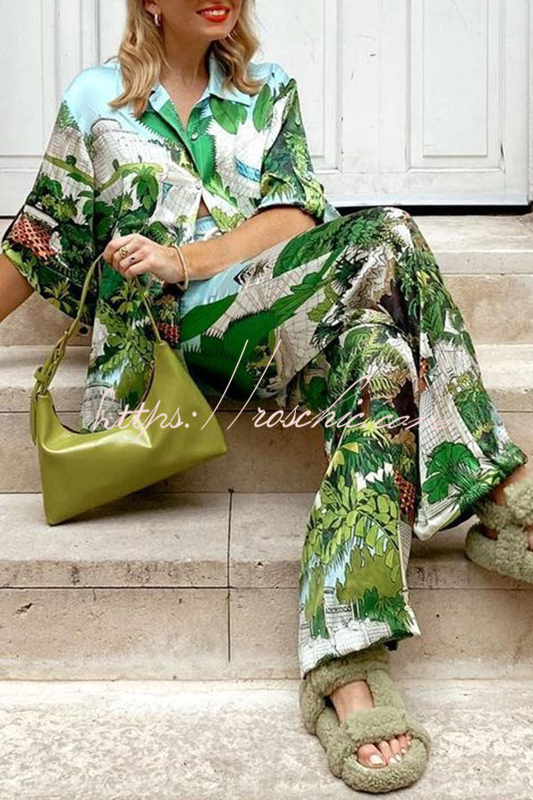Landscape Print Button Pocket Tie Elastic Waist Pants Set