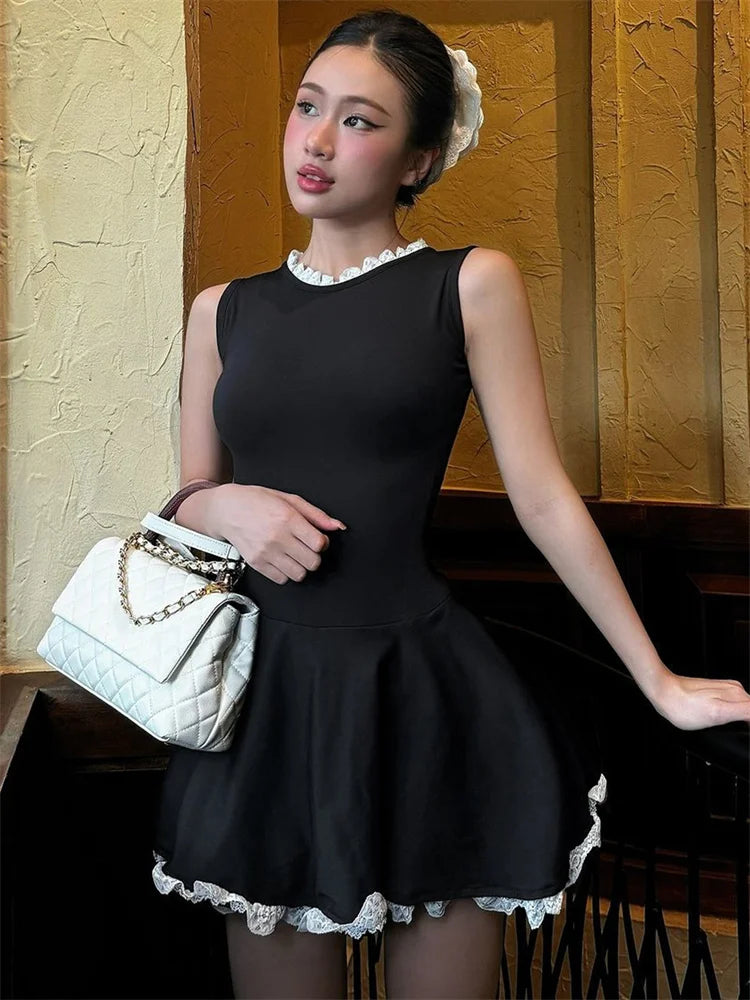 Autumn Lace Patchwork Mini Dress for Ruffled Sleeveless Slim Party Dress Gown Female High Waist Dress