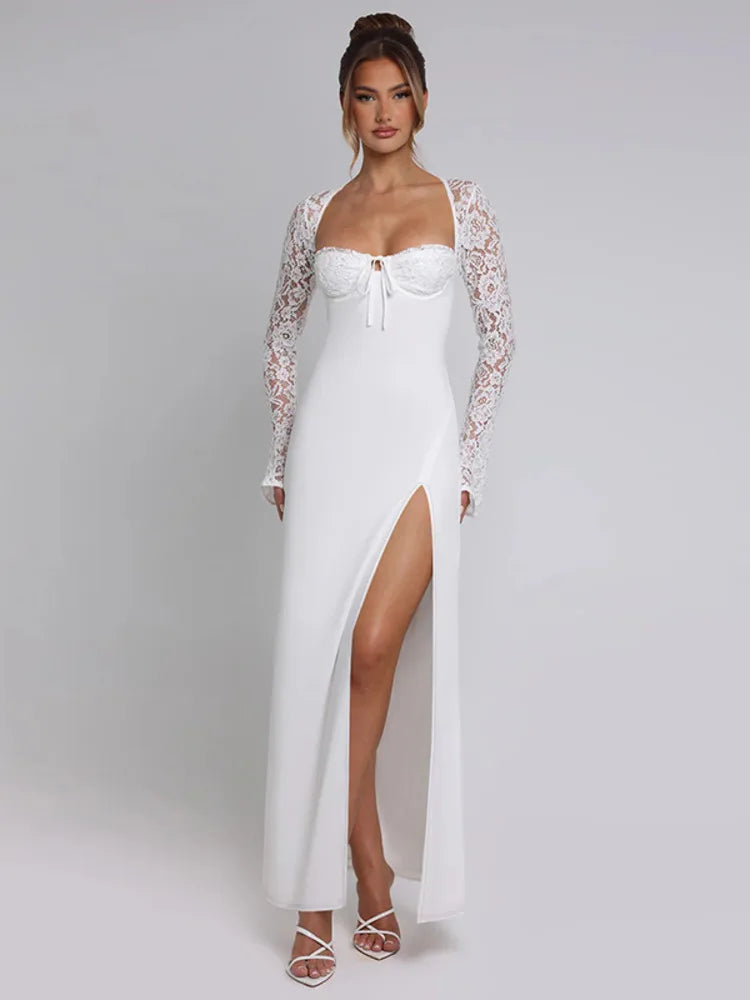 Lace Long Sleeve Maxi Dress Autumn New Square Collar Backless Lace-up High Split Club Party Long Dress