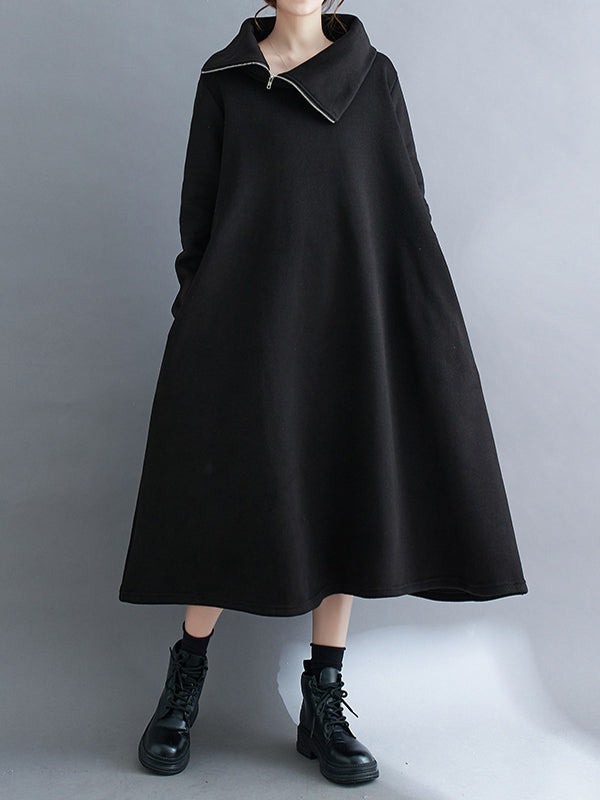A-line Long Sleeves Asymmetric Color Zipper High Neck Midi Dresses