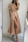 And Classy Vibe Puff Sleeve Pearl Button Slit Midi Dress