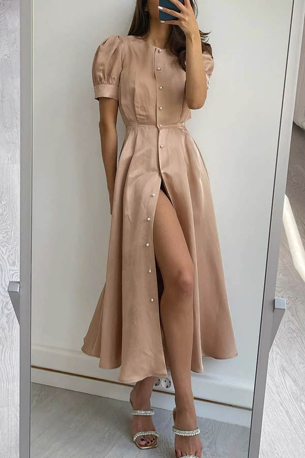 And Classy Vibe Puff Sleeve Pearl Button Slit Midi Dress