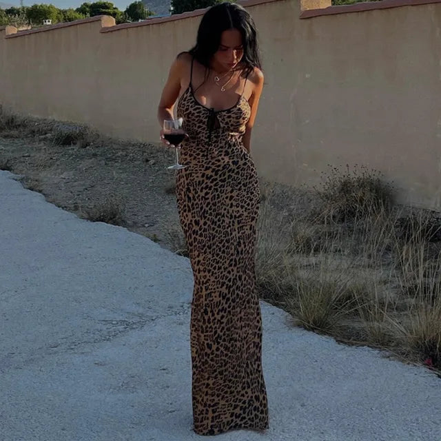 Bodycon Spaghetti Strap Slit Midi Dress Leopard Print Backless Evening Club Midi Vestidos