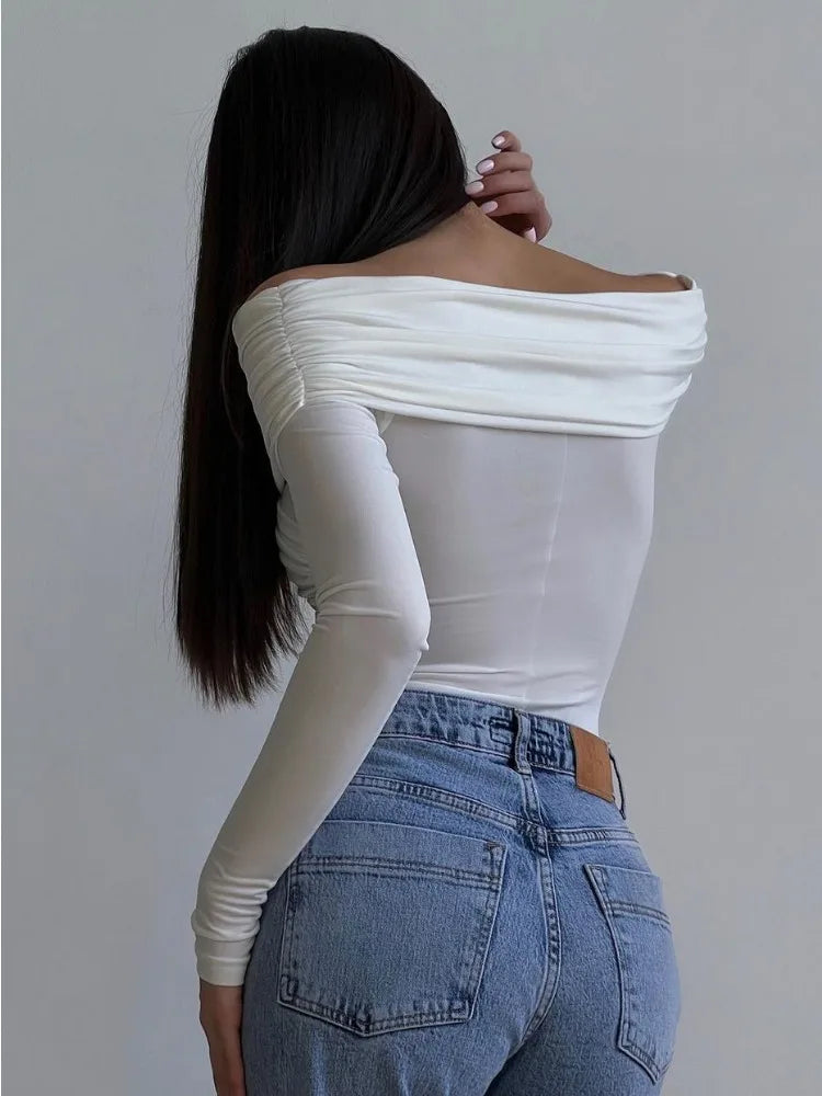 White See-through Patchwork Jumpsuit for Pleated Slim High Waist Long Sleeve Off-shoulder Rompers