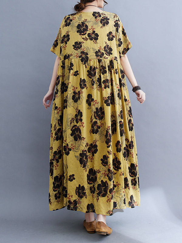 Loose Short Sleeves Pleated Printed Split-joint Round-neck Midi Dresses