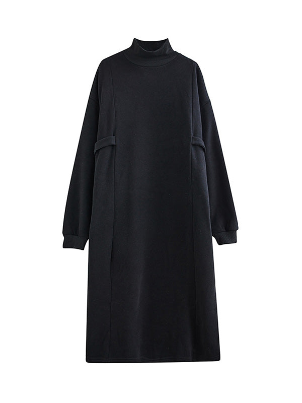 A-line Long Sleeves Color Mock Neck Midi Dresses