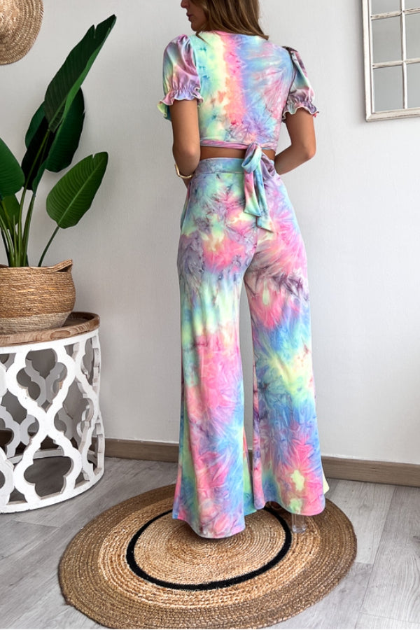 Print V Neck Short Sleeves Crop Top Elastic Waist Wide Leg Pants Set