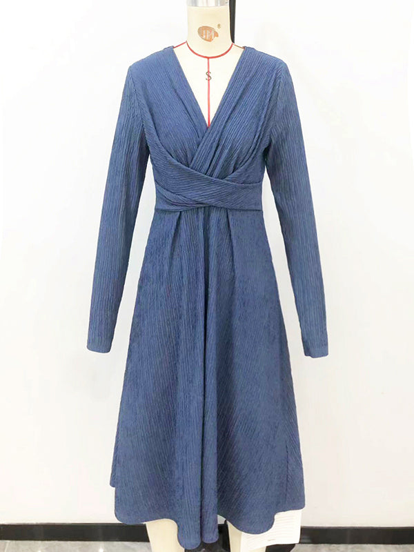 Long Sleeves Loose Pleated Color Split-joint V-neck Midi Dresses