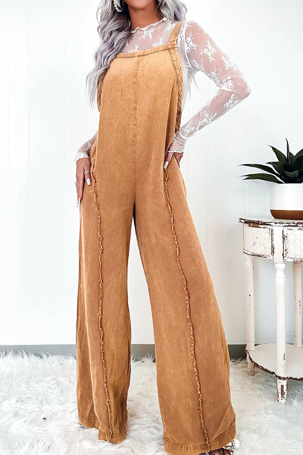 Washed Denim Raw Edge Elastic Waist Wide Leg Jumpsuit