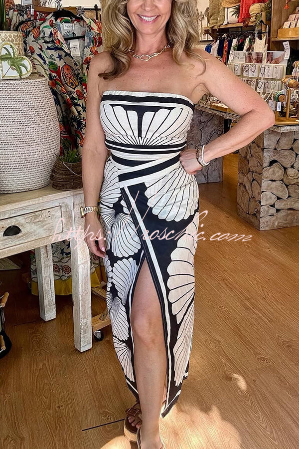Shell Print Off-the-shoulder High Slit Slim Midi Dress