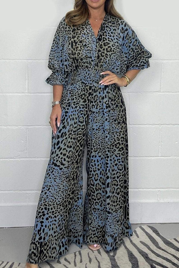 Leopard Print V-neck Short-sleeved Waist Wide-leg Jumpsuit