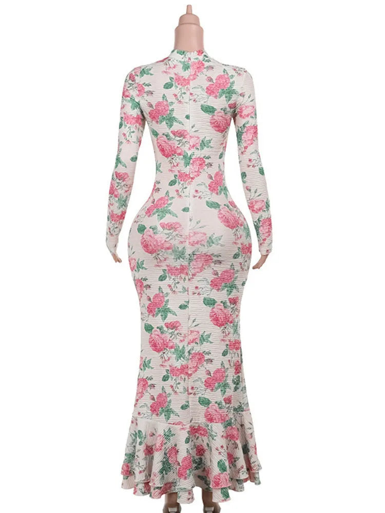 Bodycon Long Sleeve Half High Collar Print Zipper Maxi Dress Slim High Waist Dress Outfits