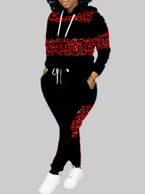 Autumn Long Sleeves Two Pieces Hooded Collar Leopard Print Tracksuit Set Sweatshirts Pullover Hoodies Pant