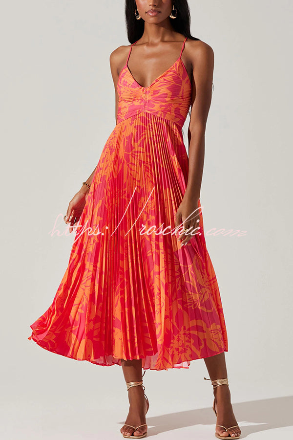 Wedding Party Season Print Pleated Back Tie-up Midi Dress