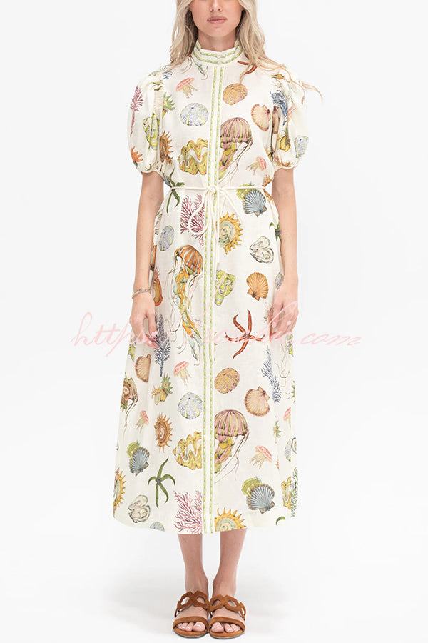 Beach Shell Print Puff Sleeve Tie-waist Midi Dress