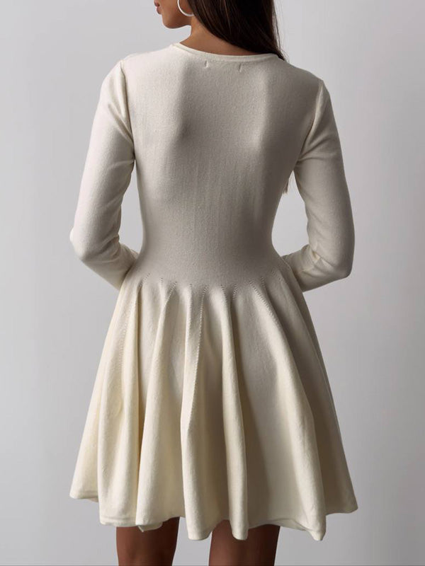 A-line High Waisted No Belt Pleated Color Round-neck Mini Dresses