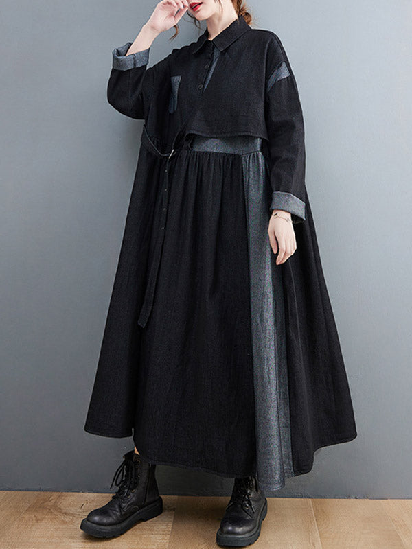Original Loose Denim Split-joint Tied Lapel Collar Long Sleeves Midi Dress