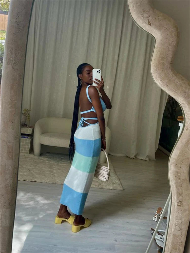 Stripe Knitted Backless Bodycon Dress Bandage Contrast Color Spaghetti Strap Long Dresses Party Beach Summer