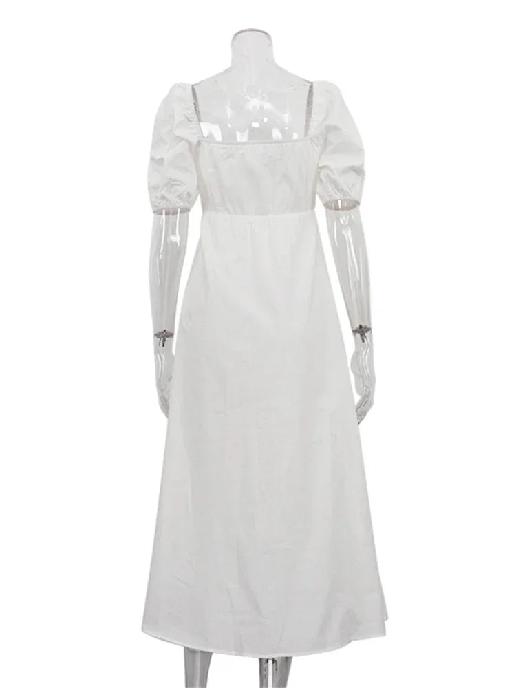 Square Neck Hollow Out White Long Dress for Twist Short Sleeve High Waist Autumn Party Dress ’s Clothes