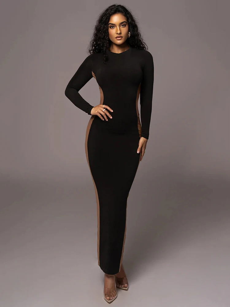 Autumn/winter Long Sleeve Hollow Out Split Dress for Bodycon Elastic Tight Maxi Dress Female Party Club Vestidos