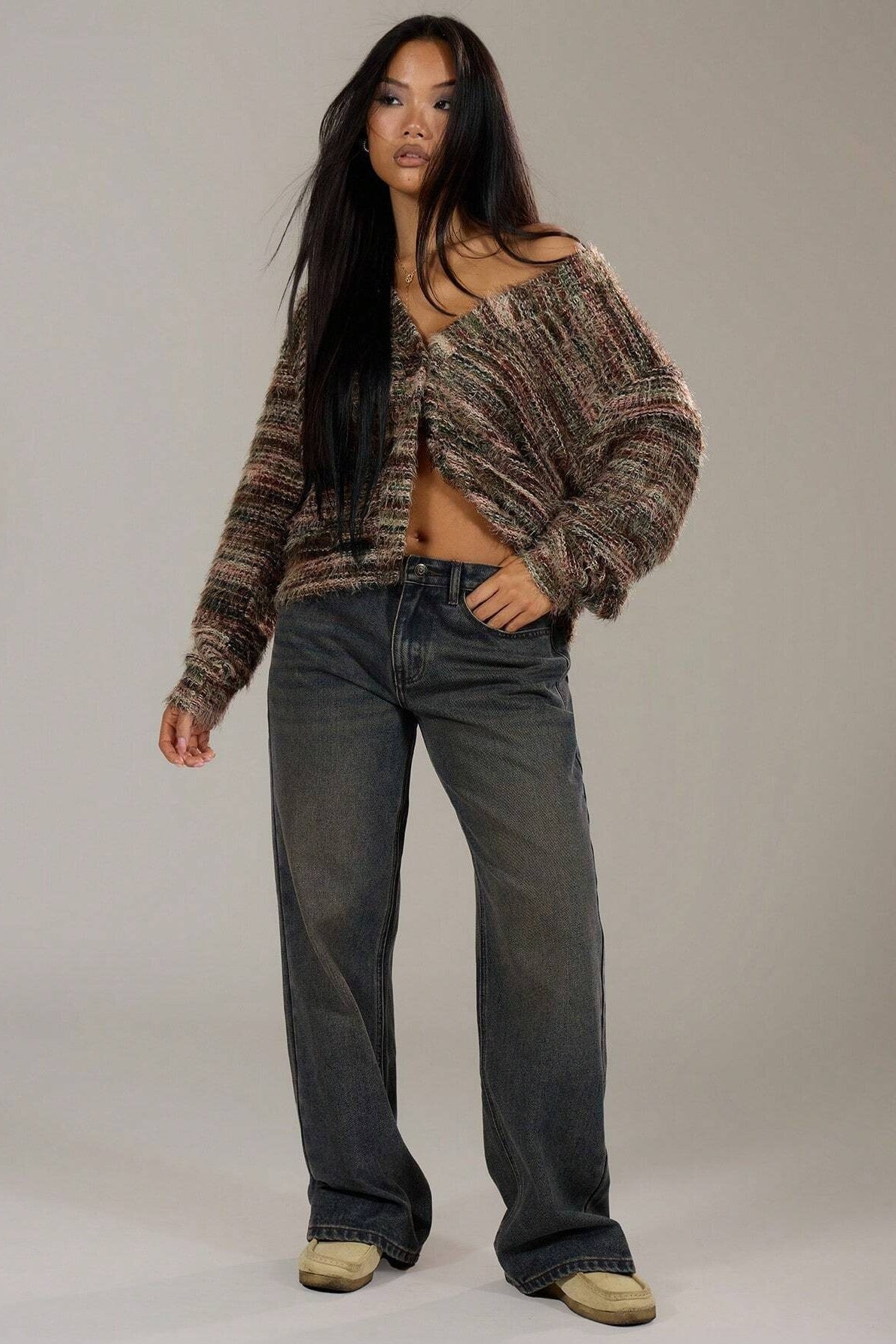 New Retro Deep V-neck Maillard Plush Long-sleeve Knit Cardigan