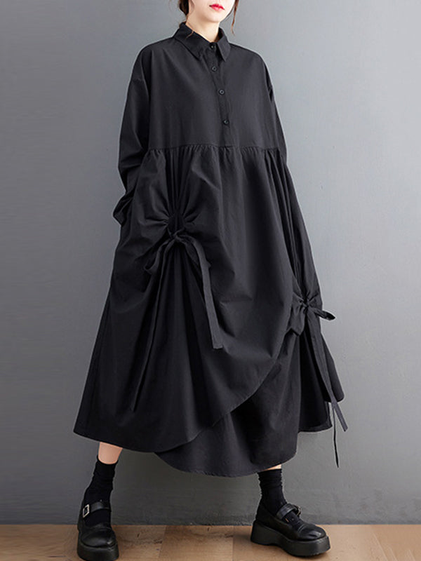A-line Long Sleeves Buttoned Pleated Pockets Color Tied Lapel Midi Dresses Shirt Dress