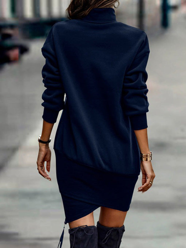 Long Sleeves Color High-neck Mini Dresses