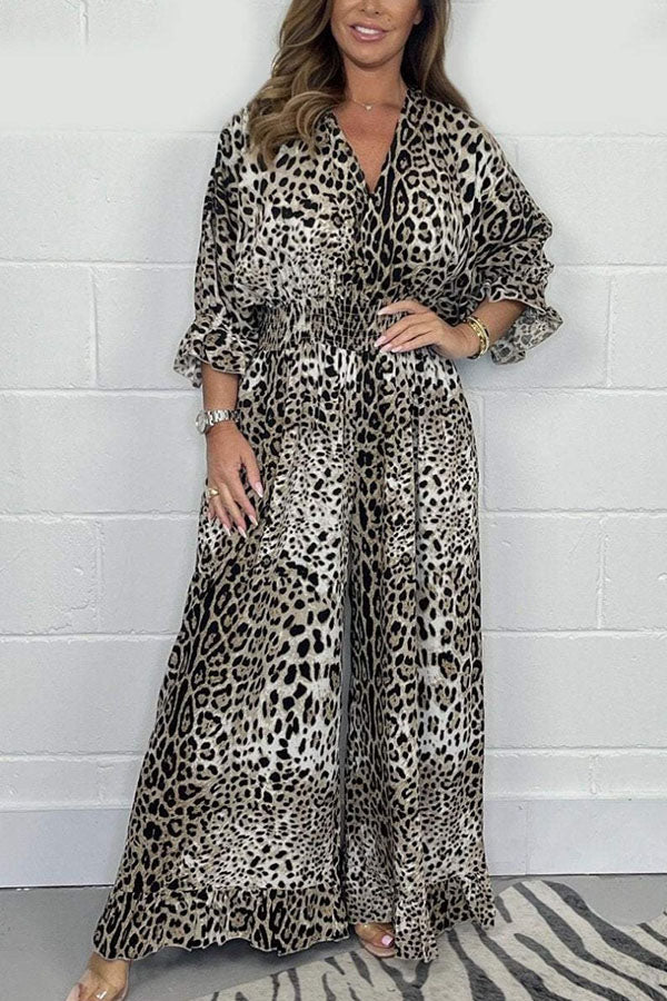 Leopard Print V-neck Short-sleeved Waist Wide-leg Jumpsuit