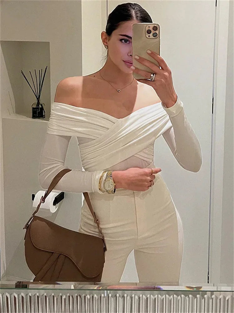 White See-through Patchwork Jumpsuit for Pleated Slim High Waist Long Sleeve Off-shoulder Rompers