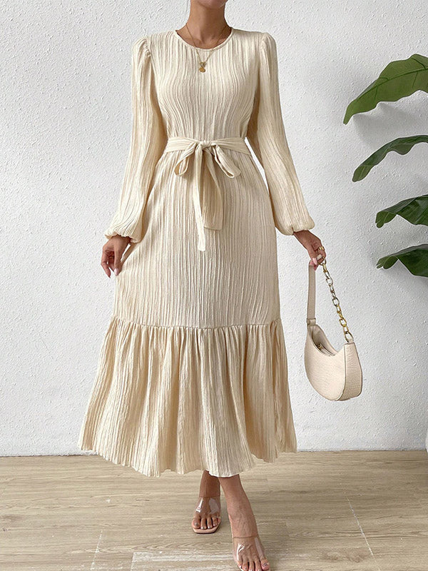 A-line Long Sleeves Elasticity Pleated Color Split-joint Tied Waist Round-neck Midi Dresses