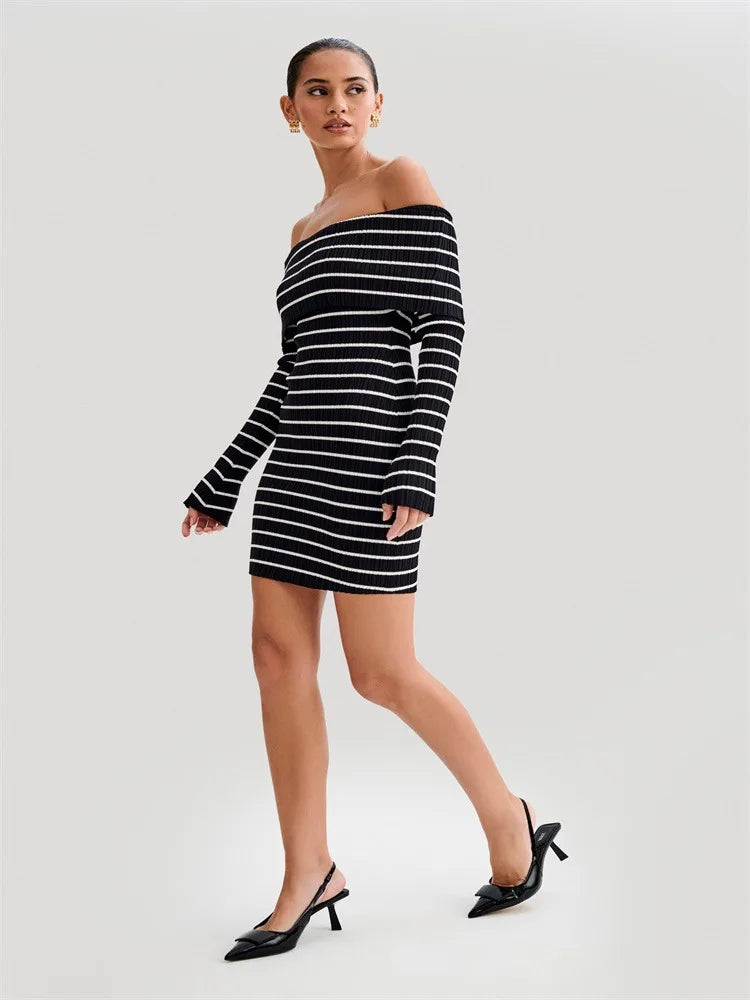 Striped Knit Sweater Mini Dress for Bandeau Backless Summer Contrast Party Dress Knitwear Mini Dress
