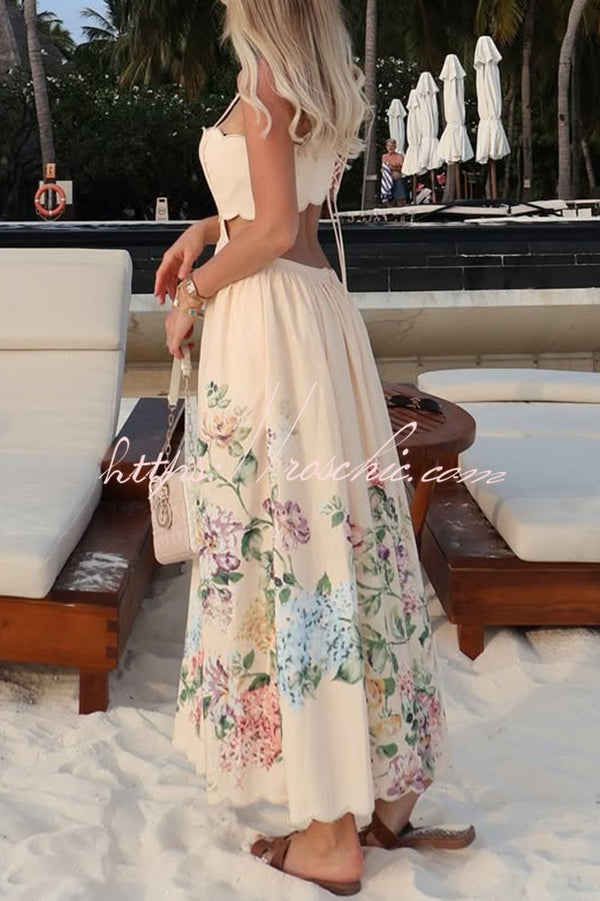 Cabo Sunsets Print Petal Trim Back Lace-up Midi Dress