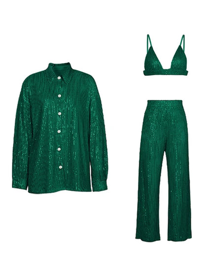 Sparkly Two-piece Set Party Outfits for Sequin Top Blouse Shirt and Pants Suit Female Evening Tracksuit New