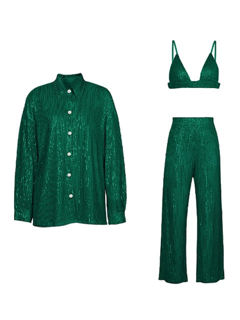 Sparkly Two-piece Set Party Outfits for Sequin Top Blouse Shirt and Pants Suit Female Evening Tracksuit New