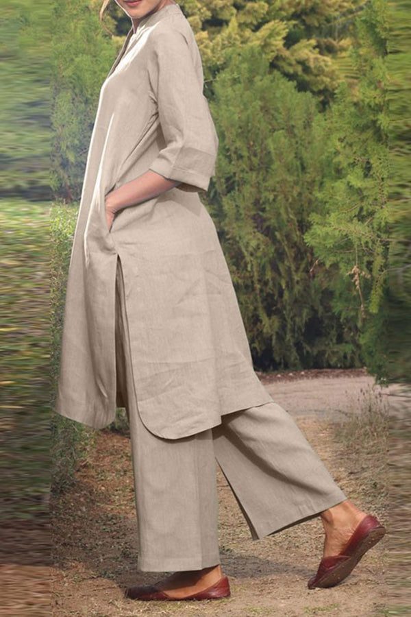 Cotton and Linen V-neck 3/4 Sleeve Wide Brimmed Pants 2-piece Set