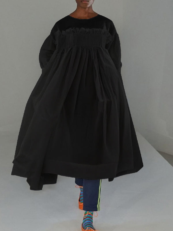 A-line Long Sleeves Mesh Pleated See-through Color Split-joint Round-neck Midi Dresses