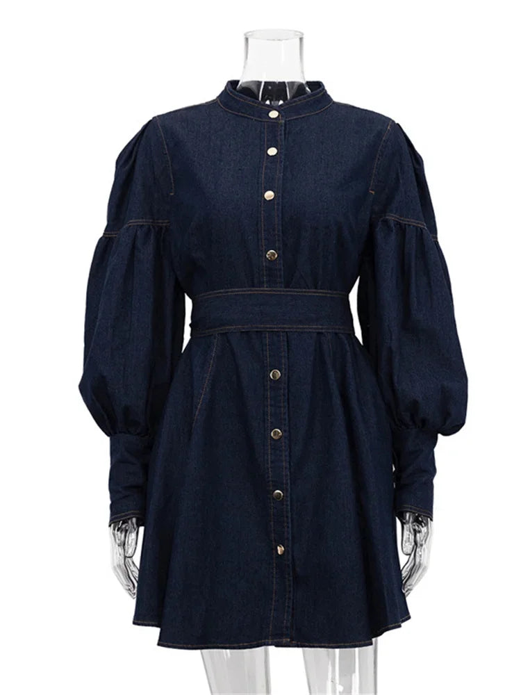 Lace-up Denim Mini Dress for Patchwork High Waist Bandage Jean Female Slim Dress Autumn